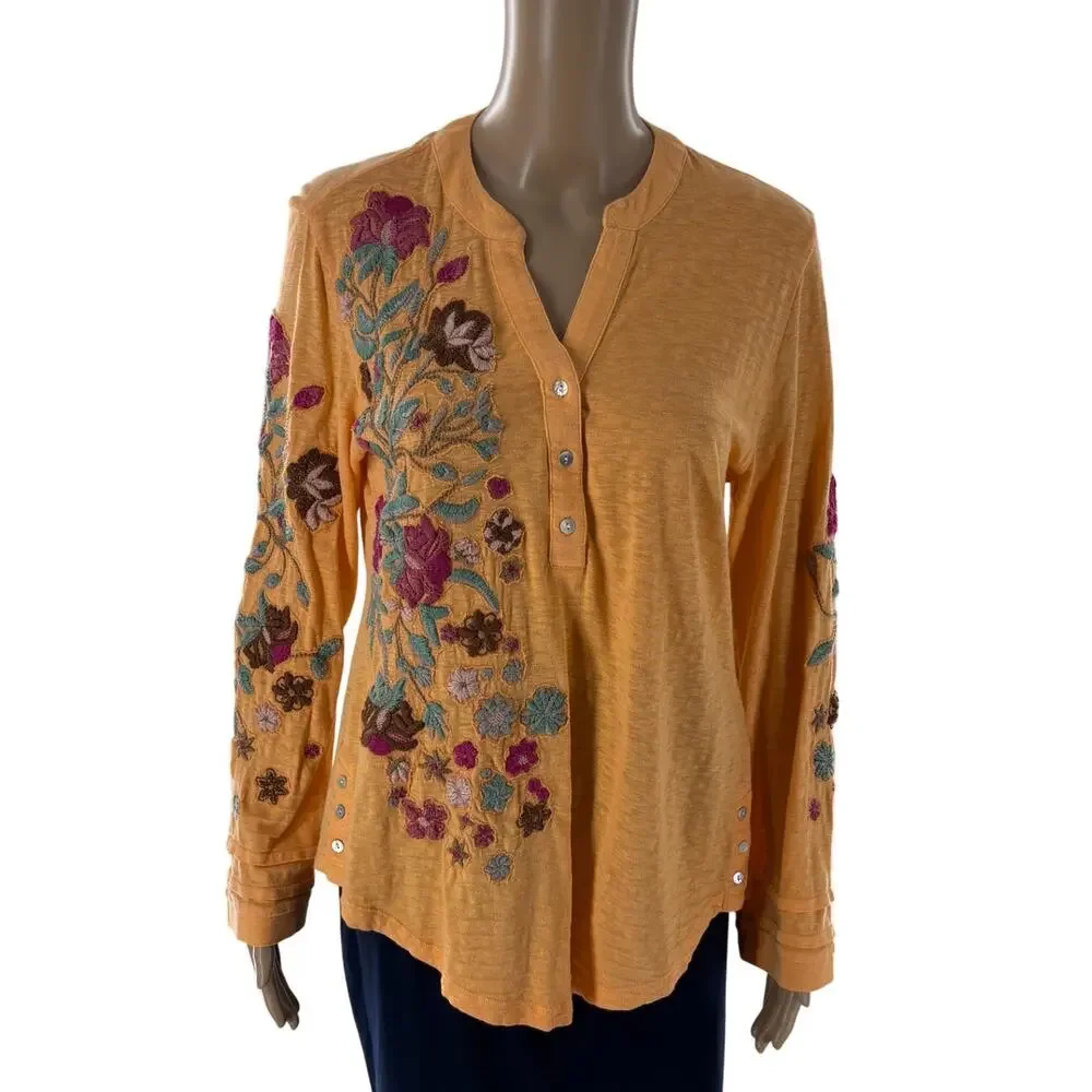 Soft Surroundings Orange Antalya Striped Floral Embroidered Henley Top